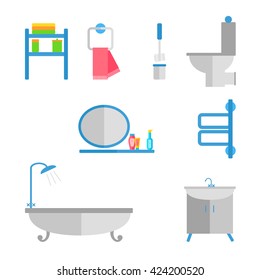 Set of bathroom interior objects, flat icons. Vector illustration. 