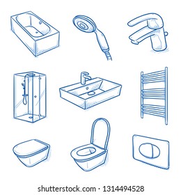 Set of bathroom interior objects: shower, bath tub, water basin, mixing tap, shower head, toilet and radiator. Hand drawn blue line art cartoon vector illustration. 