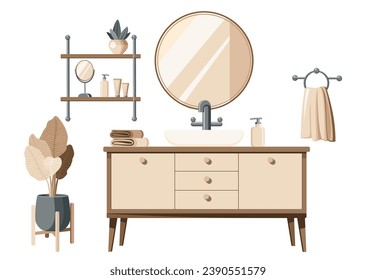 Set of bathroom interior with washbasin, sinks, mirror, cabinet and plants. Scandinavian or Nordic style. Flat vector illustration isolated on white background in eps 10