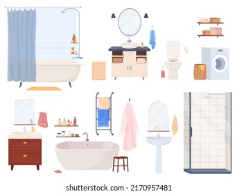 Set of bathroom interiors. Cozy modern apartment. Vector illustration