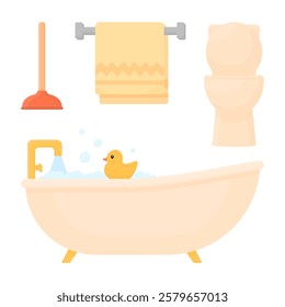 Set of bathroom items in cartoon style on a white isolated background. Bath, toilet, towel, plunger. Bubble bath with a toy rubber duck.