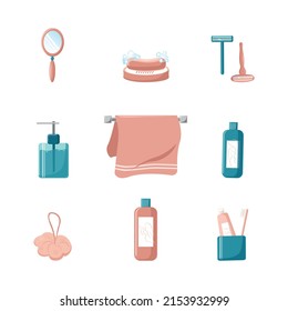 A set of bathroom items in pink and blue tones. Toothbrush, towel, shampoo. Vector illustration in cartoon style isolated on white background