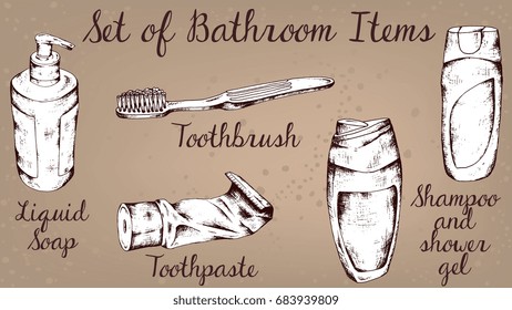 Set of Bathroom Items: soap, toothbrush, toothpaste, shampoo and shower gel