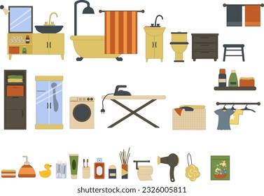 Set with bathroom and laundry interior elements. Washing machine and ironing board, bath and toilet, wardrobe and mirror, hygiene items. Vector.