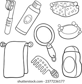 set of bathroom objects, comb, Toothbrush, toothpaste, soap.
 illustration, line vector set