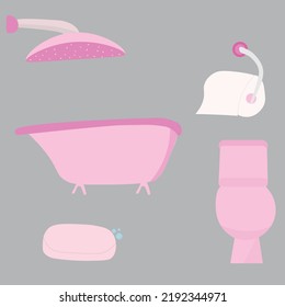 Set of bathroom objetcs in pink. Vector illustration