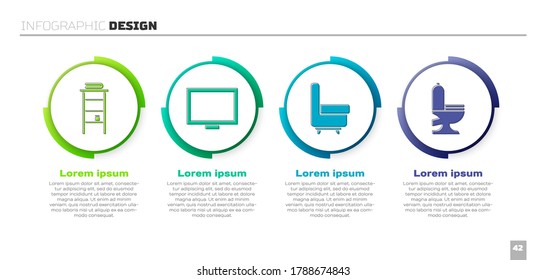 Set Bathroom rack with shelves for towels, Picture frame on table, Armchair and Toilet bowl. Business infographic template. Vector