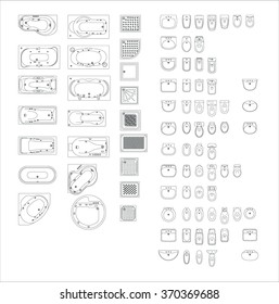 Set of bathroom, sanitary ware vector. Jacuzzi, baths, showers, toilets and washbasins.