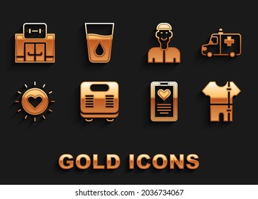 Set Bathroom scales, Ambulance and emergency car, Sport track suit, Medical clipboard, Sun, Positive thinking, Gym building and Glass with water icon. Vector