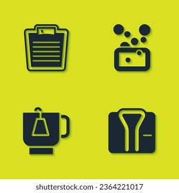 Set Bathroom scales, Bathrobe, Cup of tea with tea bag and Bar soap icon. Vector