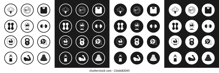 Set Bathroom scales, Bodybuilder muscle, Dumbbell, Lotus flower, No Smoking, Sleepy and  icon. Vector