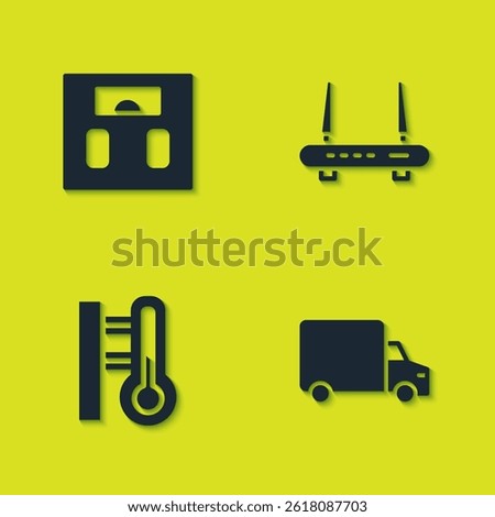 Set Bathroom scales, Delivery cargo truck, Meteorology thermometer and Router and wi-fi signal icon. Vector