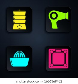 Set Bathroom scales , Double boiler , Citrus fruit juicer  and Hair dryer . Black square button. Vector