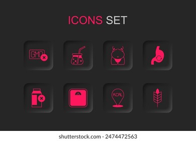 Set Bathroom scales, Fresh smoothie, No GMO, Kcal, Human stomach health, Wheat, Obesity and Lactose intolerance icon. Vector