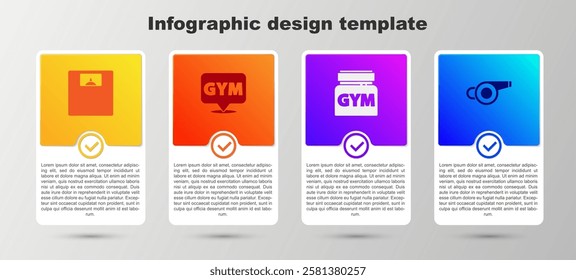 Set Bathroom scales, Location gym, Sports nutrition and Whistle. Business infographic template. Vector