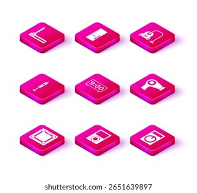 Definir balanças de banheiro, Leitor de música, Liquidificador, Relógio despertador digital, Controle remoto, Secador de cabelo, Aspirador e ícone de Frigorífico. Vetor