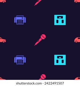 Set Bathroom scales, Printer, Microphone and Car on seamless pattern. Vector