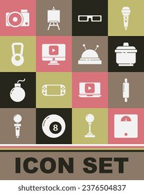 Set Bathroom scales, Rolling pin, Cooking pot, Cinema glasses, Online play video, Kettlebell, Photo camera and Needle bed and needles icon. Vector