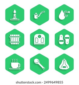 Set Bathroom scales, Sauna ladle, hat, slippers, Cup of tea, bucket, Water temperature and Burning candle icon. Vector
