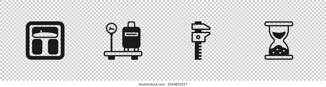 Set Bathroom scales, Scale with suitcase, Calliper or caliper and and Old hourglass sand icon. Vector