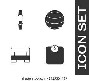 Set Báscula de baño, reloj inteligente, cama grande y Fitness bola icono. Vector