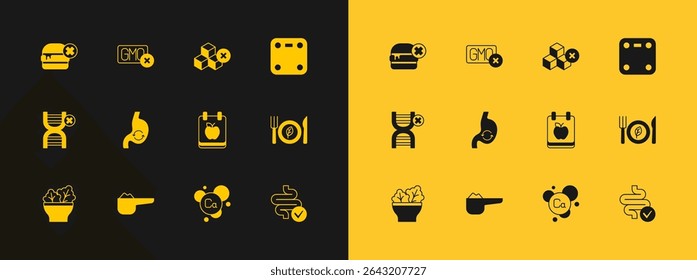 Set Bathroom scales, Sports nutrition proteine, Diet plan, Calcium, Human stomach health, No sugar free, burger and GMO icon. Vector
