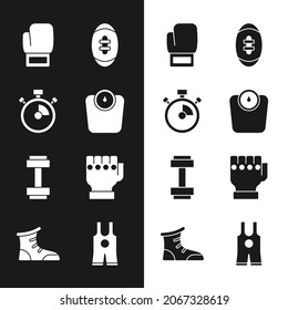 Set Bathroom scales, Stopwatch, Boxing glove, American Football ball, Dumbbell, MMA, Wrestling singlet and Sport boxing shoes icon. Vector