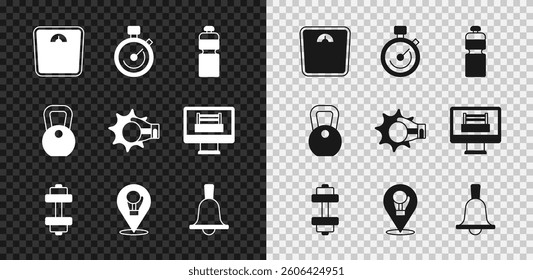 Set Bathroom scales, Stopwatch, Fitness shaker, Dumbbell, Boxing glove, Weight and Punch boxing icon. Vector