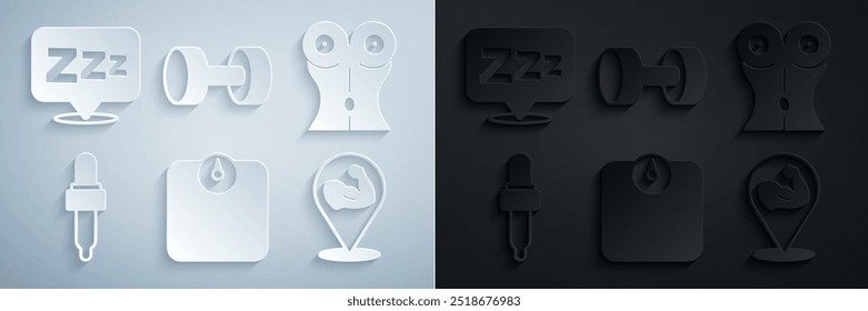 Set Bathroom scales, Women waist, Pipette with oil, Bodybuilder muscle, Dumbbell and Sleepy icon. Vector