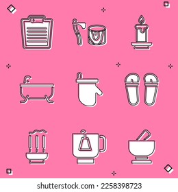 Set Bathroom scales, Wooden axe in stump, Aroma candle, Bathtub, Sauna mittens, Flip flops, Incense sticks and Cup of tea with tea bag icon. Vector