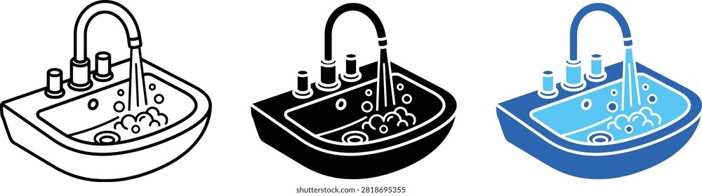 Set of bathroom sink basin icons with running water and soap bubbles