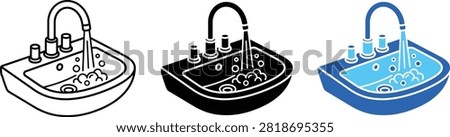Set of bathroom sink basin icons with running water and soap bubbles
