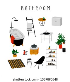 Set for bathroom with stylish comfy furniture and modern home decorations in trendy Scandinavian or hygge style. Cozy Interior furnished home plants. Flat cartoon vector illustration