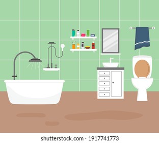 Set for bathroom with stylish comfy furniture and modern home decorations in trendy style. Cozy interior furnished home include shower, mirror, sink, bath and towel. Flat cartoon vector illustration