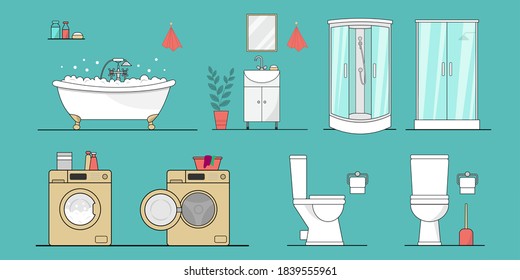 A set of bathroom and toilet. A bath filled with foam. Sink, Cabinet and mirror. Two toilets on the side and front. Two shower cabins. Two washing machines in the process of washing and open. White, g