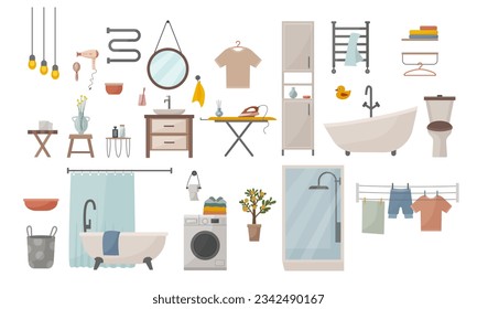 Set of bathroom and toilet interiors. Bathroom and laundry room with washbasin, sink, mirror, bathtub and towel, shower, cabinets and plants. Flat vector illustration.