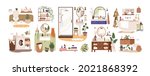 Set of bathroom and toilet interiors in Scandinavian style. Bath and closet rooms with washbasins, sinks, mirrors, shower, cabinets and plants. Flat vector illustration isolated on white background
