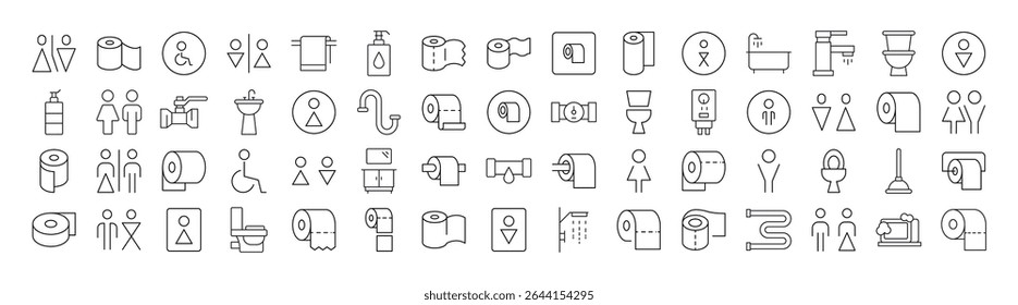 Set of Bathroom and Toilet Related Line Icons. Outline Signs for Graphic and Web Design, Apps, Adverts, Various Cards 