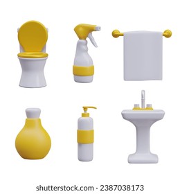 Conjunto de iconos vectoriales de baño Elementos coloreados en posición vertical. Aseo, pistola de aerosol, toallero, lavabo, frasco, botella de bomba. Artículos sanitarios, cosméticos, textiles