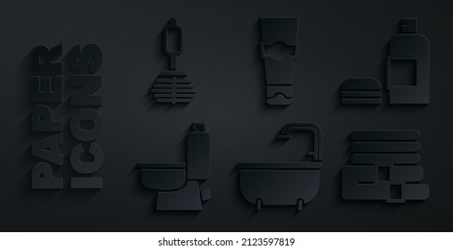 Set Bathtub, Bottle of shampoo, Toilet bowl, Towel stack, Tube toothpaste and brush icon. Vector