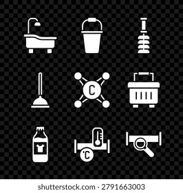 Set Bathtub, Bucket, Toilet brush, Bottle for cleaning agent, Industry metallic pipe, Rubber plunger and Water tap icon. Vector