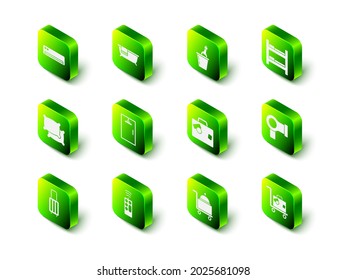 Set Bathtub, Champagne in an ice bucket, Hotel room bed, Hair dryer, Suitcase, Covered with tray and Remote control icon. Vector