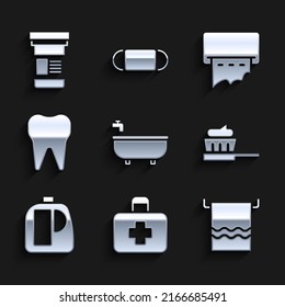 Set Bathtub, First Aid Kit, Towel On Hanger, Toothbrush With Toothpaste, Bottles For Cleaning Agent, Paper Towel Dispenser Wall And Medicine Bottle Icon. Vector