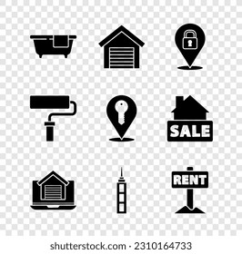 Set Bathtub, Garage, Location lock, Online real estate house, Skyscraper, Hanging sign with Rent, Paint roller brush and key icon. Vector