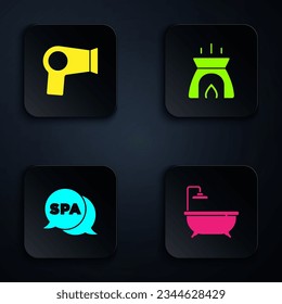 Set Bathtub, Hair dryer, Spa salon and Aroma candle. Black square button. Vector