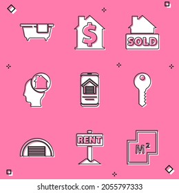 Set Bathtub, House with dollar symbol, Hanging sign text Sold, Man dreaming about buying house, Online real estate, key, Garage and Rent icon. Vector