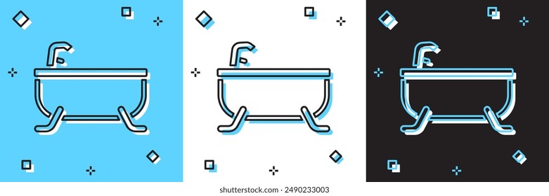 Conjunto Icono de la bañera aislado en azul y blanco, fondo negro.  Vector