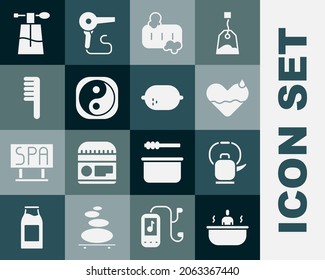 Set Bathtub, Kettle with handle, Heart heal, Bar of soap foam, Yin Yang, Hairbrush, Perfume and Lemon icon. Vector