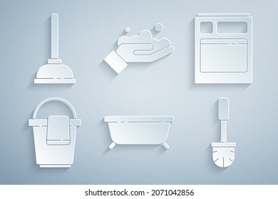 Set Bathtub, Kitchen dishwasher machine, Bucket with rag, Toilet brush, Washing hands soap and Rubber plunger icon. Vector