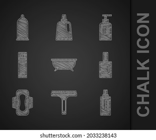 Set Bathtub, Rubber cleaner, Bottle for cleaning agent, Sanitary napkin, Shaving gel foam, of shampoo and Condom icon. Vector